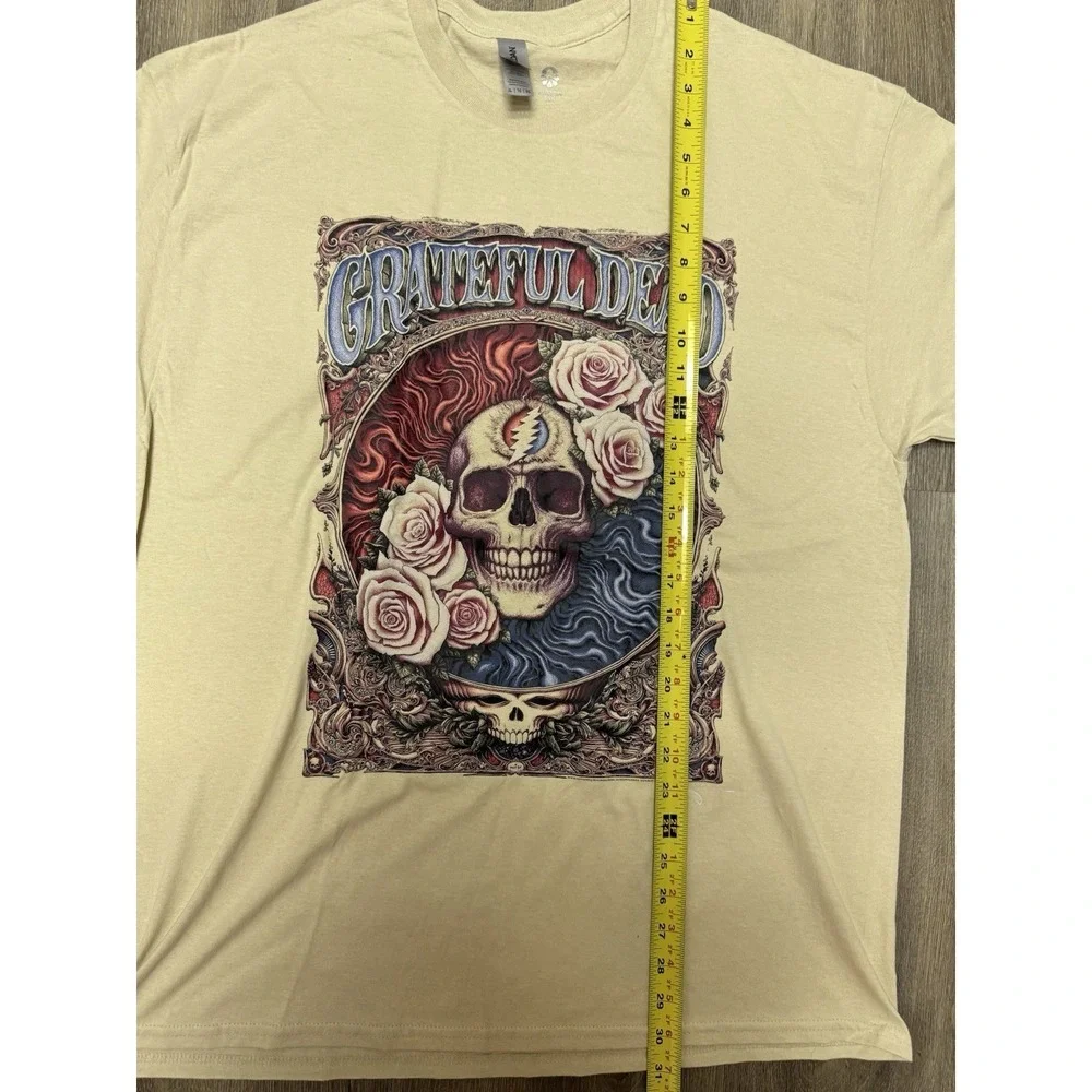 Grateful Dead T-Shirt XL Cream Skull & Roses 2018 Gildan Heavy Cotton‎ Men's Tee